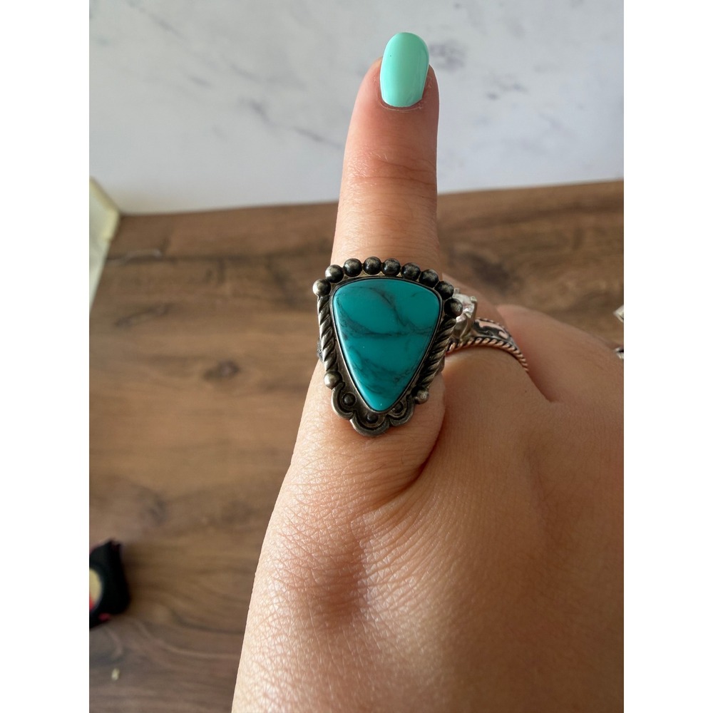 Native American Sterling Silver Turquoise Triangle Ring Signed Size 3.75